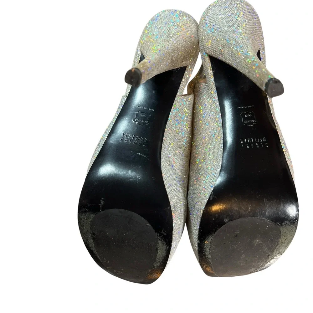 Stuart Weitzman Heels Silver Glitter Peep Toe Platform Slingback‎ US 10